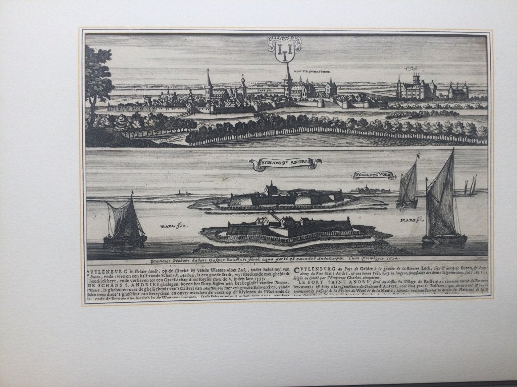 Culemborg en Schans st. Andries, aanzicht, 1674., Antiek en Kunst, Kunst | Etsen en Gravures, Stadsgezicht, 19 cm, 1600 - 1699