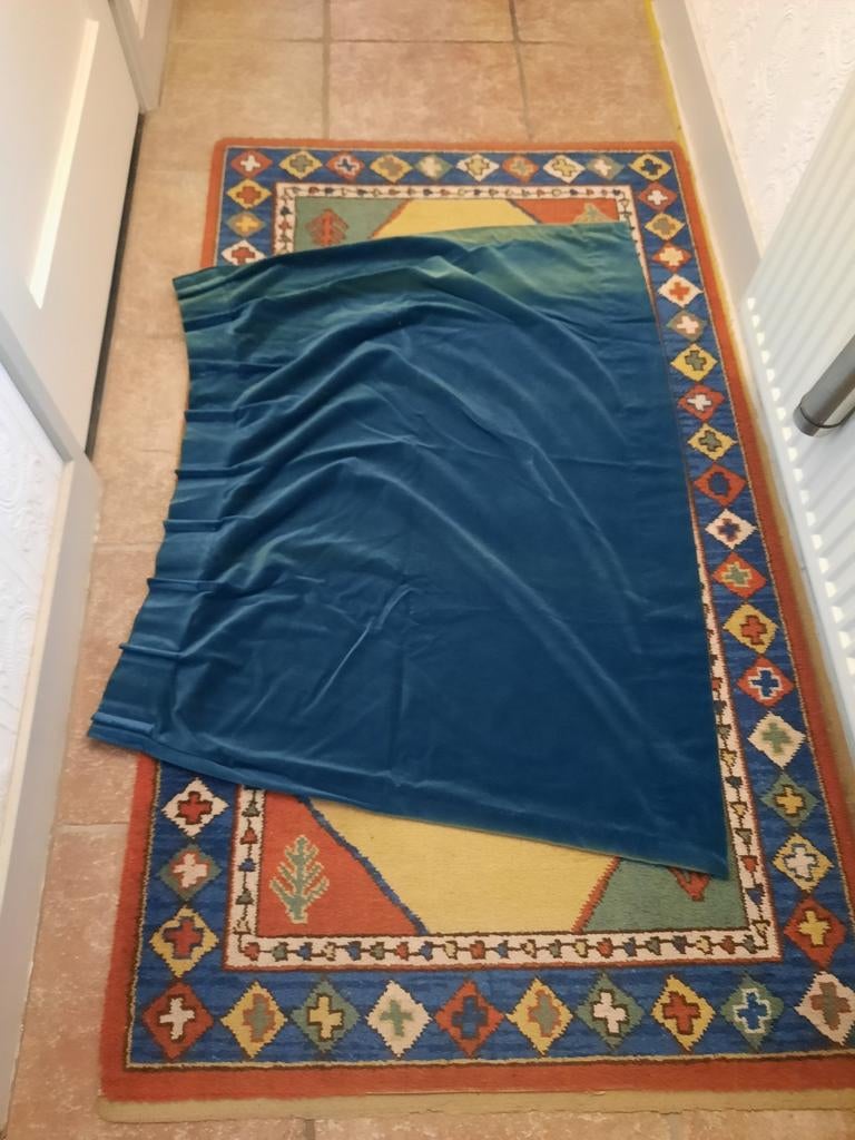 Blauw velours gordijn, Ophalen, Gebruikt, 100 tot 150 cm, Klasiek