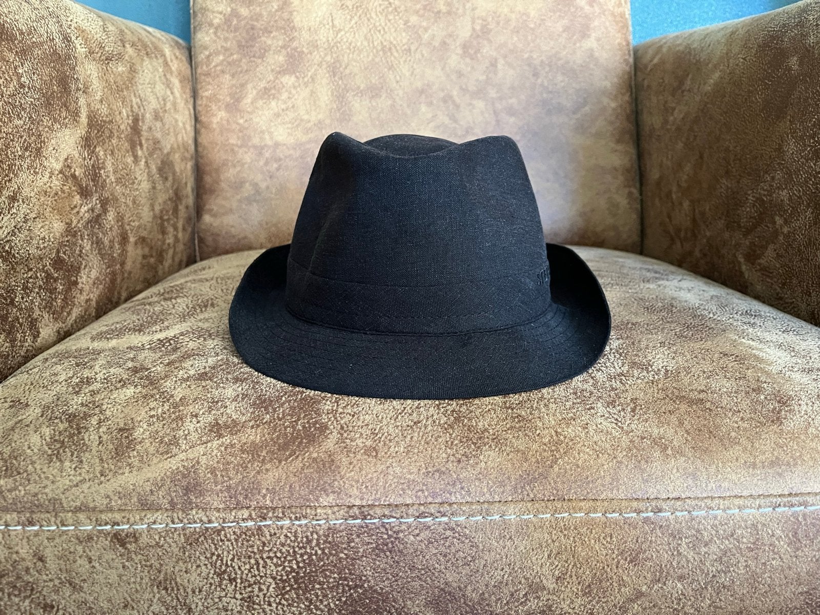 Stetson Hoed Zwart Linnen - Geneva Linen Trilby Maat 57/M, Ophalen of Verzenden, Zo goed als nieuw, Hoed