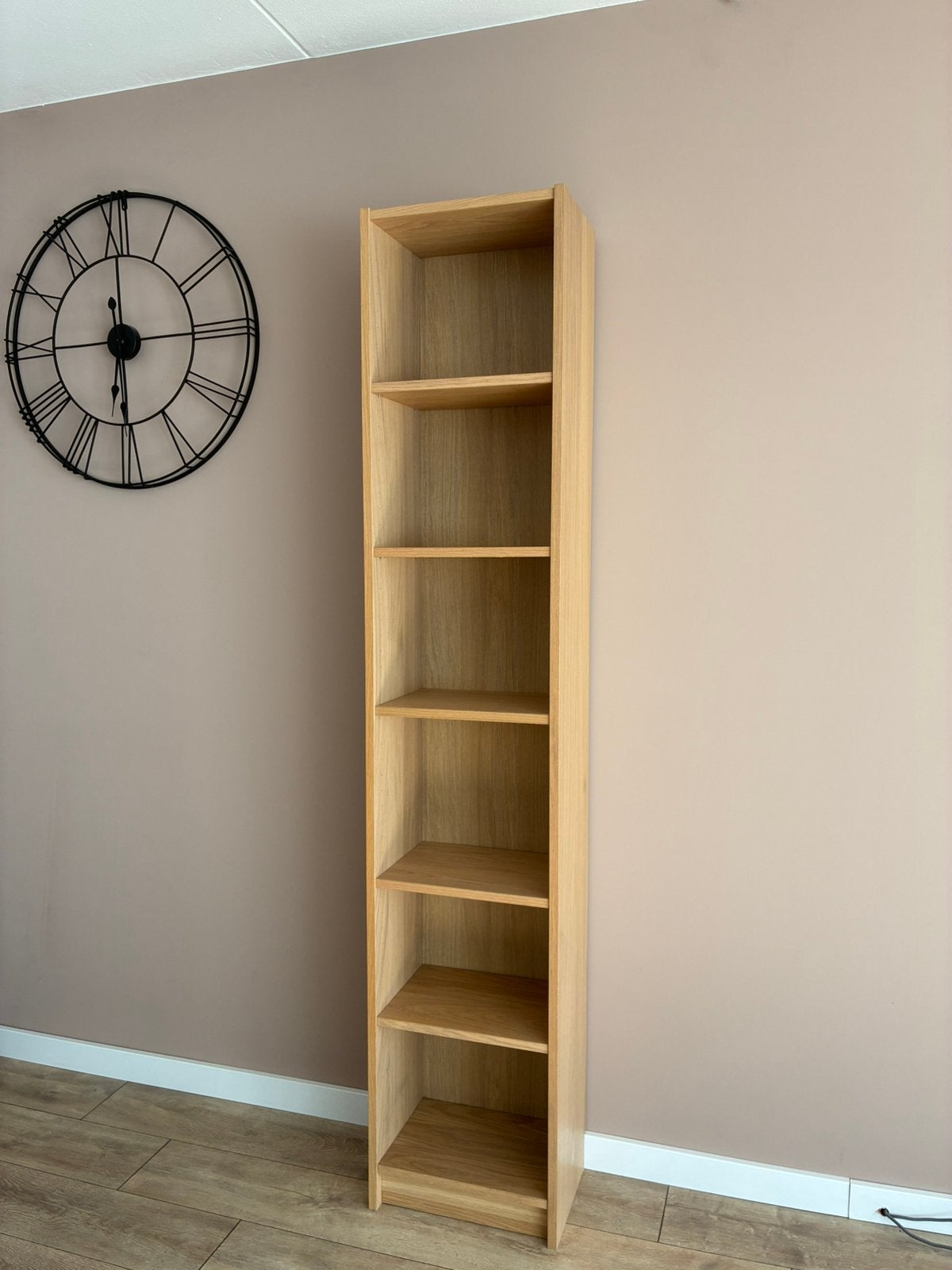 Hoge smalle eikenhouten boekenkast met 6 planken, Ophalen, Met plank(en), Minder dan 50 cm, 200 cm of meer