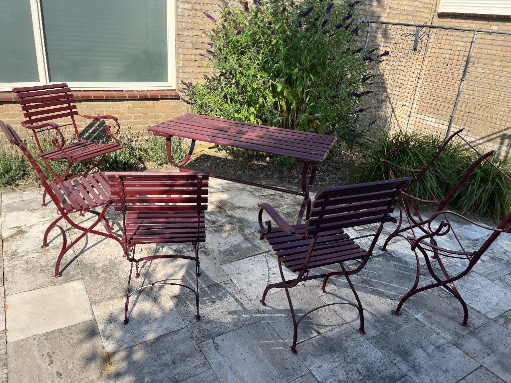 Sfeervolle vintage tuinset | Tafel + 4 stoelen + bankframe, Ophalen, Overige materialen, Gebruikt, Bank