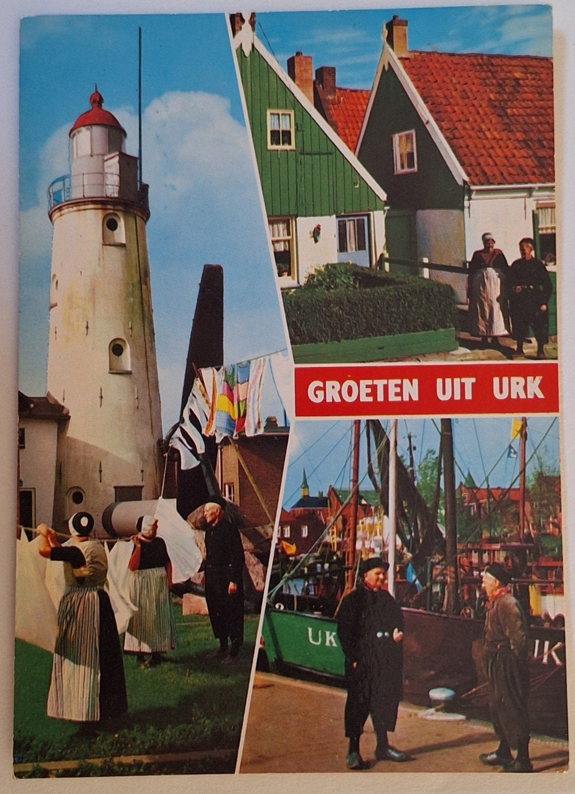 Oude Ansichtkaart Urk - Vuurtoren, Klederdracht, Haven, Ophalen of Verzenden, 1960 tot 1980, Gelopen, Flevoland