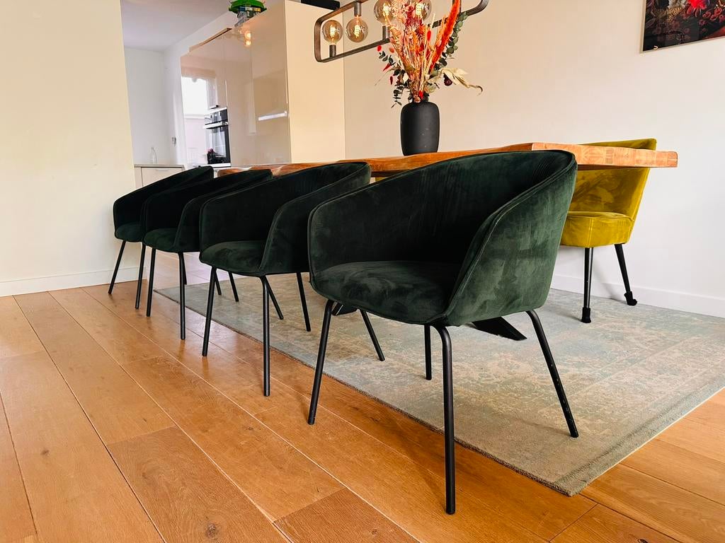 4 Woood velvet groene eetkamerstoelen, Overige kleuren, Ophalen of Verzenden, Zo goed als nieuw, Vier