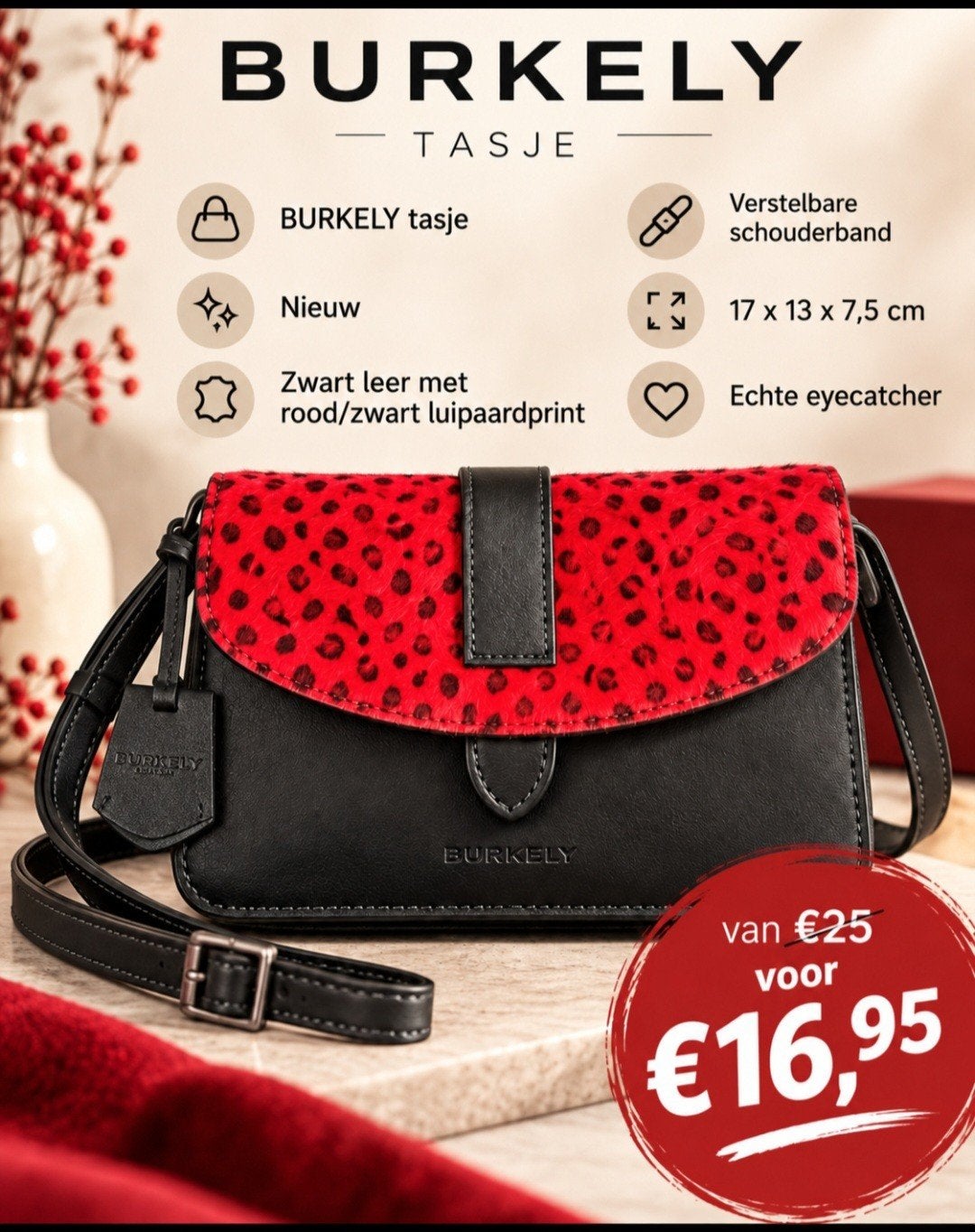 Burkely tasje - zwart leer met rood/zwart luipaardprint✨️✨️, Ophalen of Verzenden, Nieuw, Zwart, Schoudertasje