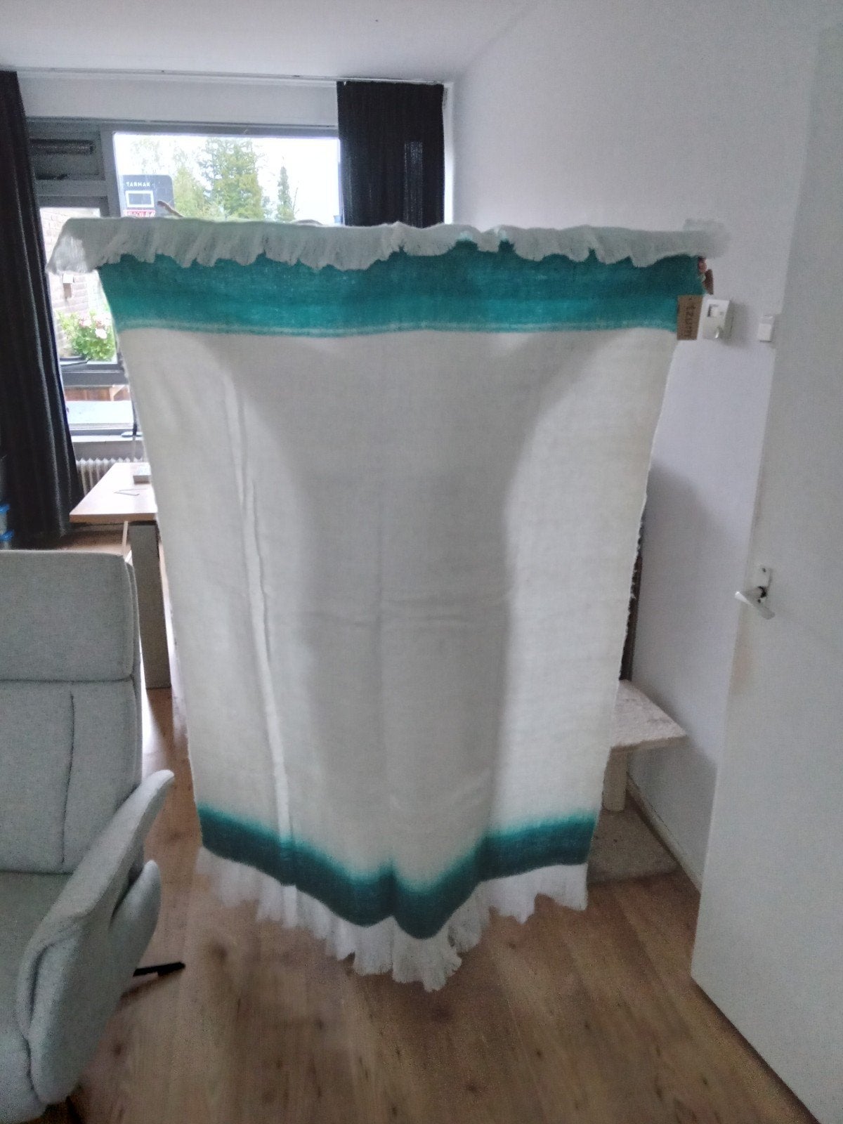 plaid ecru aquablauw, Met franjes/kwastjes, Zo goed als nieuw, Plaid, Meerkleurig