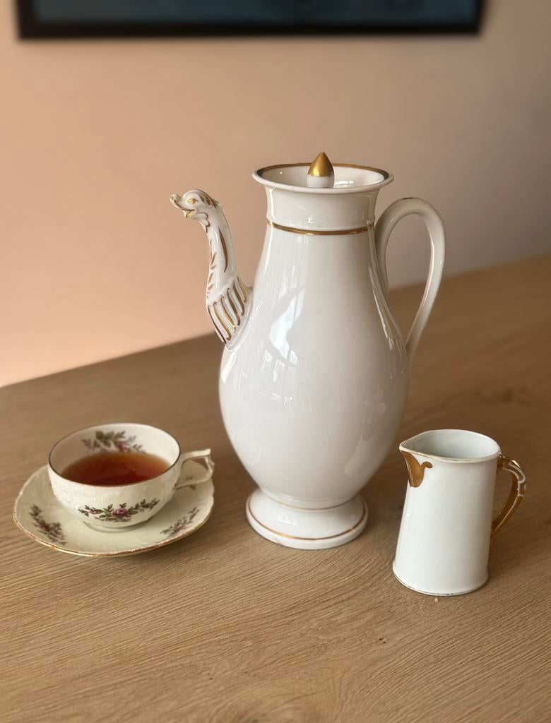 Antieke Franse theepot/vogel tuit +melkkan – Pillivuyt Mehun, Antiek en Kunst, Antiek | Servies los, Ophalen of Verzenden