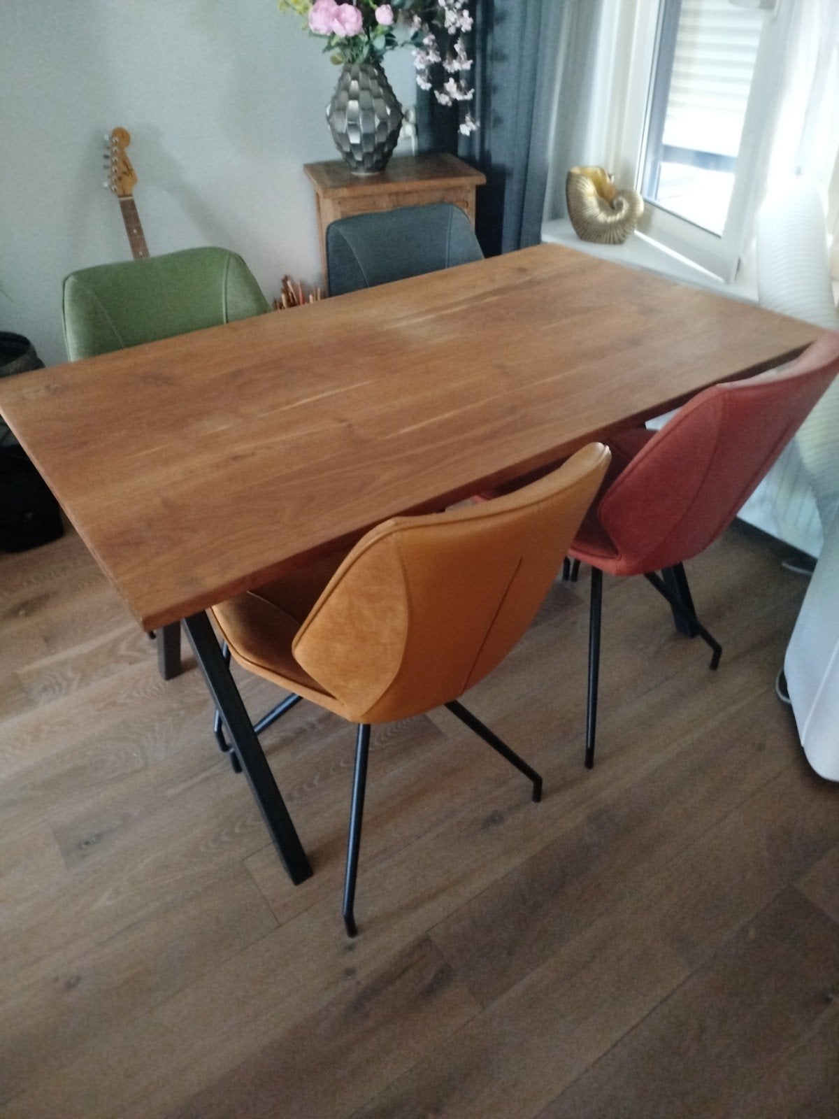 Teak tafel massief + 4 stoelen, Ophalen, Gebruikt, Overige kleuren, Vier