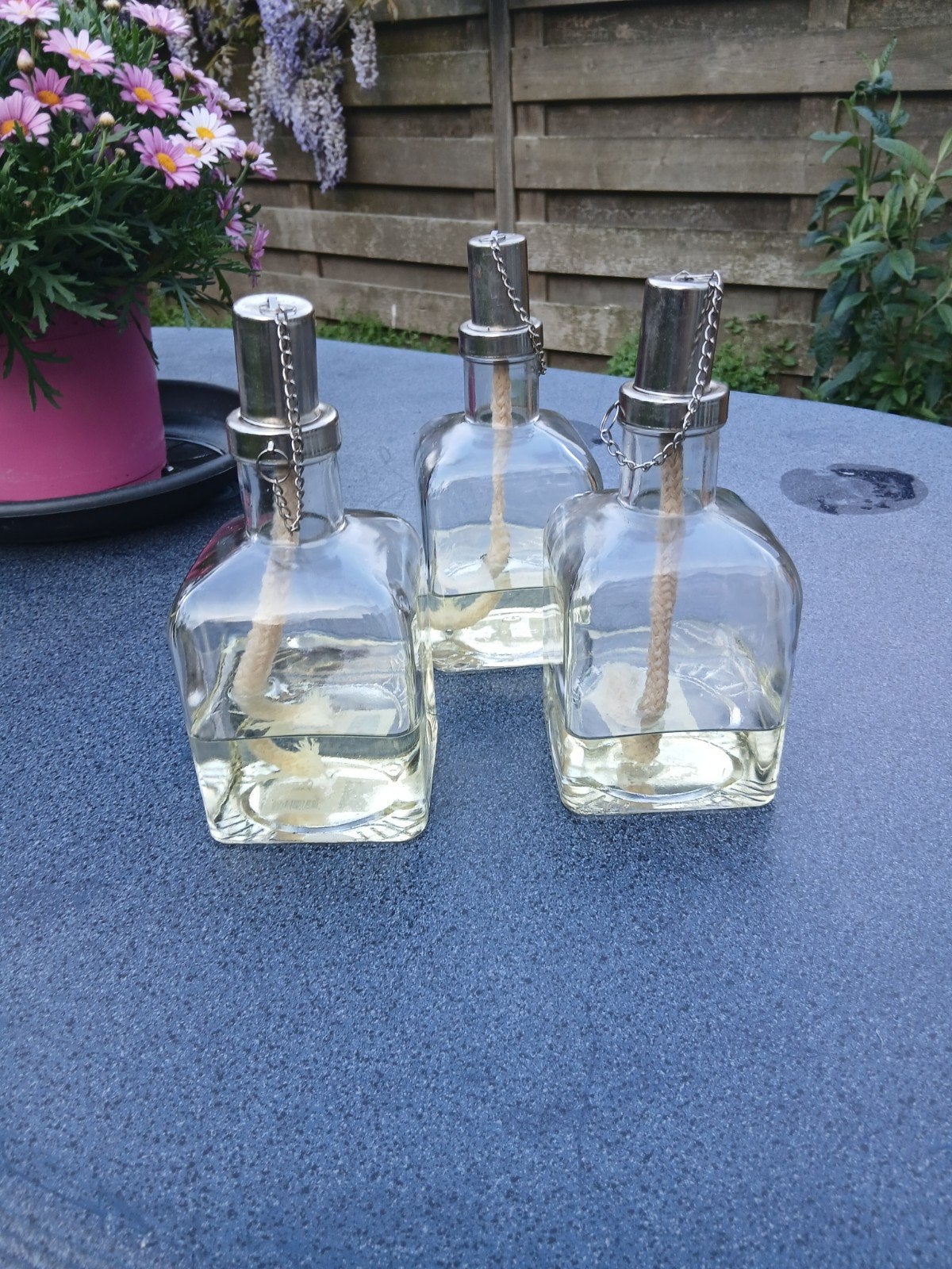 Set van 3 decoratieve glazen olielampen met lonten, Ophalen of Verzenden, Gebruikt