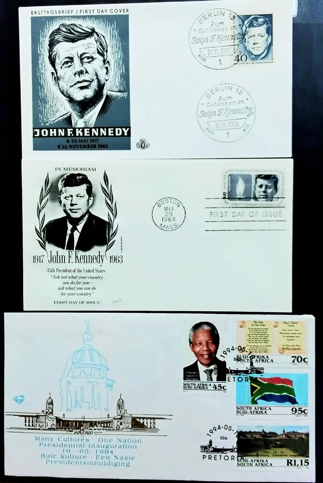 3 Herdenkings Enveloppen: JFK (BRD, USA) & Mandela (ZA), Ophalen of Verzenden, Onbeschreven, Rest van de wereld
