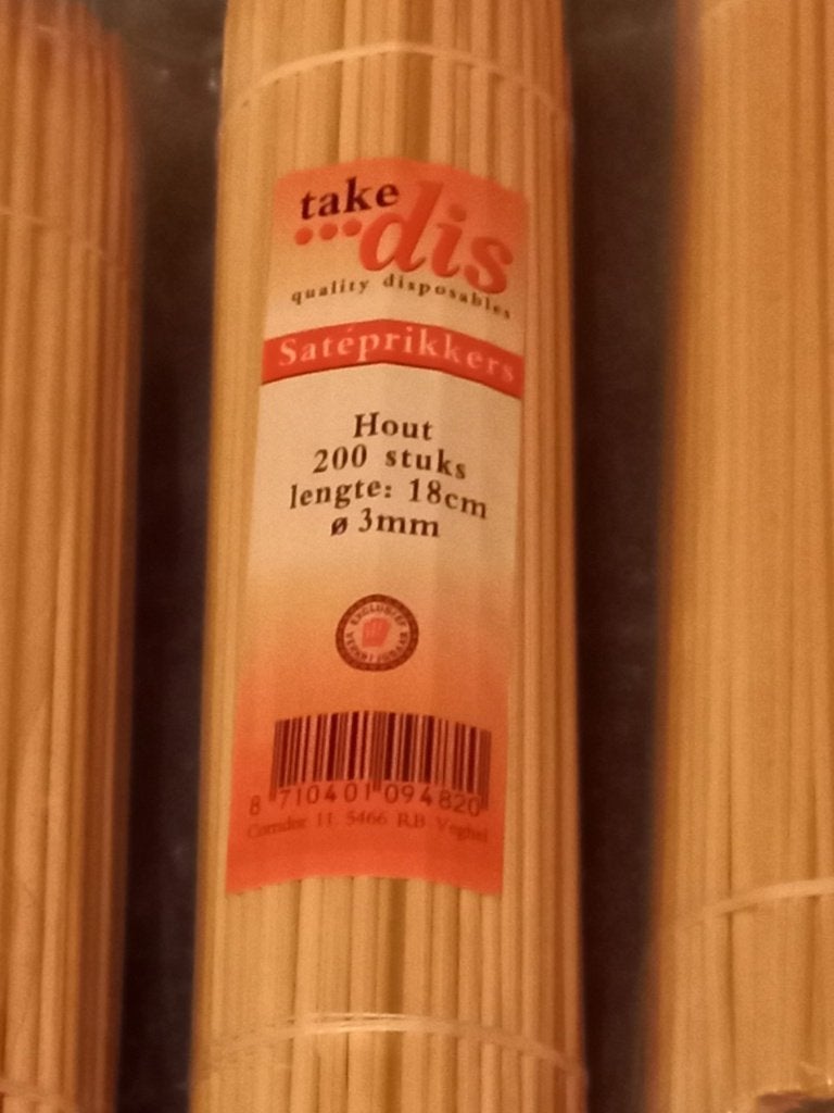 Satéprikkers 18 cm. lang Bamboe spiesen 4 x 200 stuks, Ophalen, Nieuw