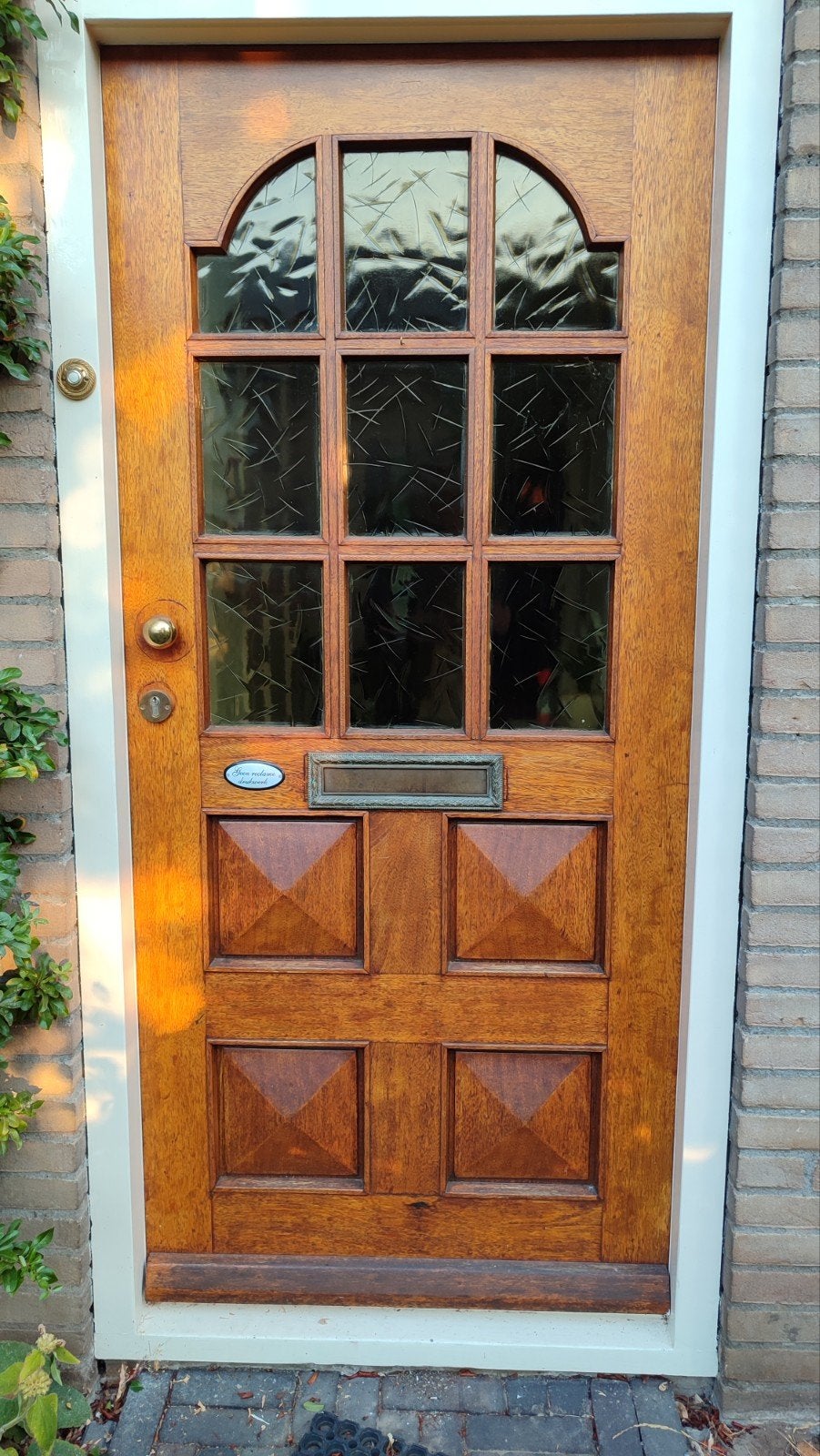 Massieve houten buitendeur met glas en brievenbus, Gebruikt, 80 tot 100 cm, Ophalen of Verzenden, Buitendeur