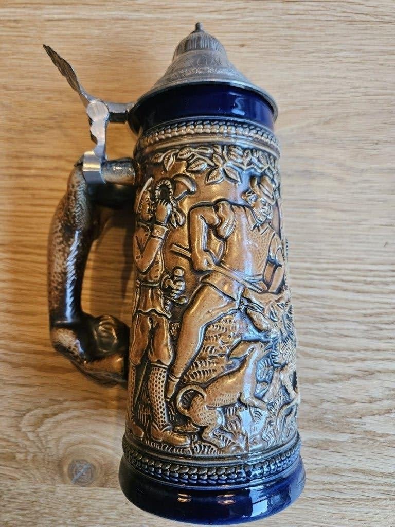 Vintage aardewerk bierpul met deksel., Ophalen of Verzenden