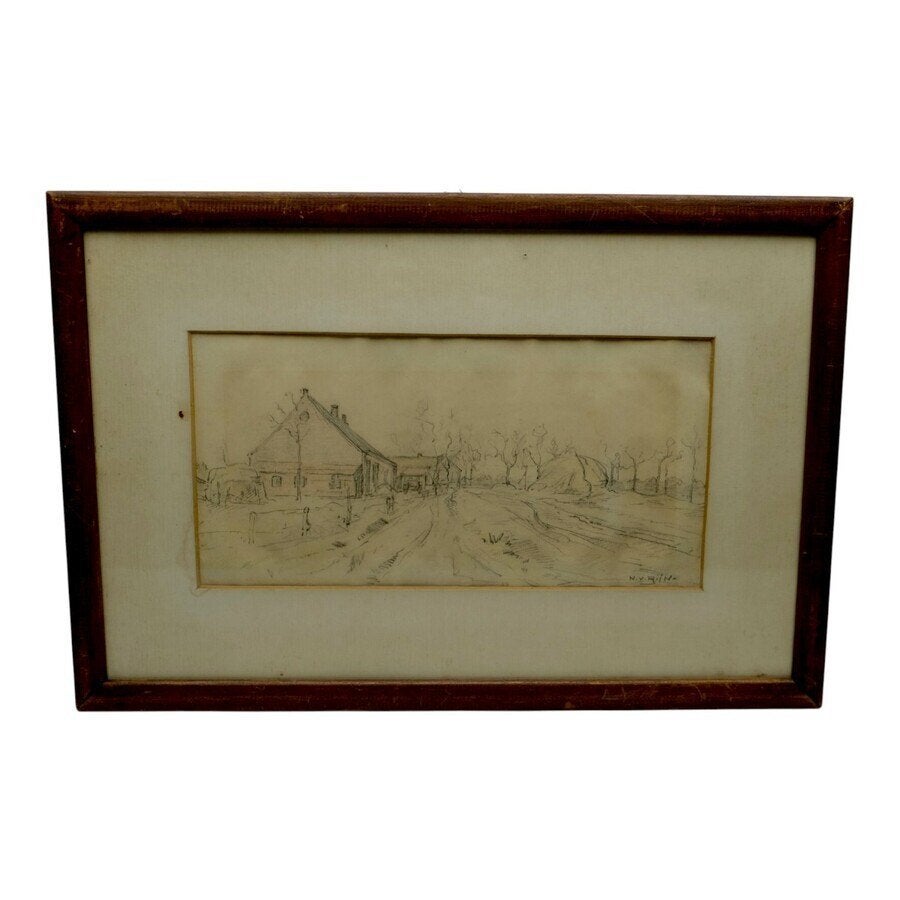 Nico van Rijn (1887-1962) - boerderij, Ophalen of Verzenden, Tekening, Potloodtekening, Achter glas