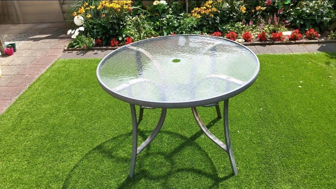 Ronde tuintafel met glazen blad, Ophalen, Gebruikt, Rond, Metaal