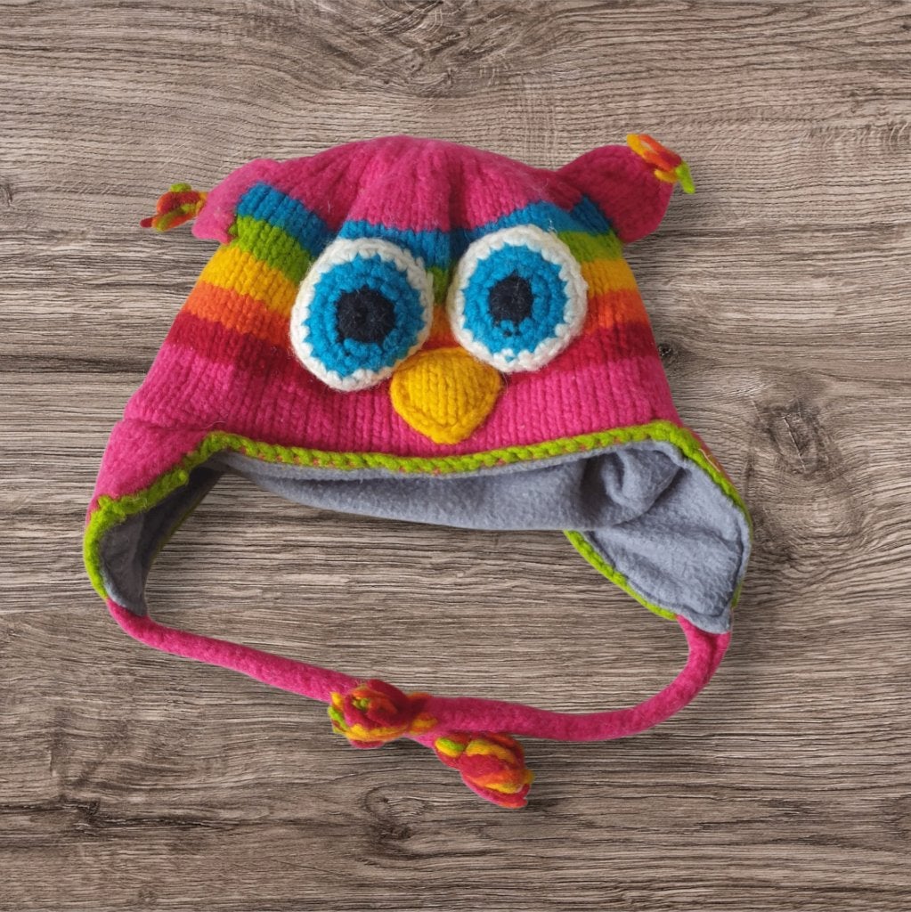 Regenboog uil gebreide muts met fleece 1 size 50 cm 1309, Gebruikt, -, Jongen of Meisje, -