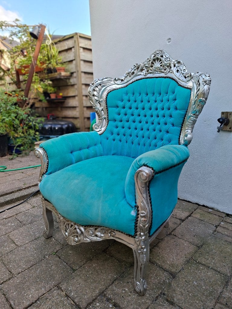 Gratis op te halen: Fluwelen turquoise barok fauteuil, Ophalen, Overige materialen, Gebruikt, 75 tot 100 cm