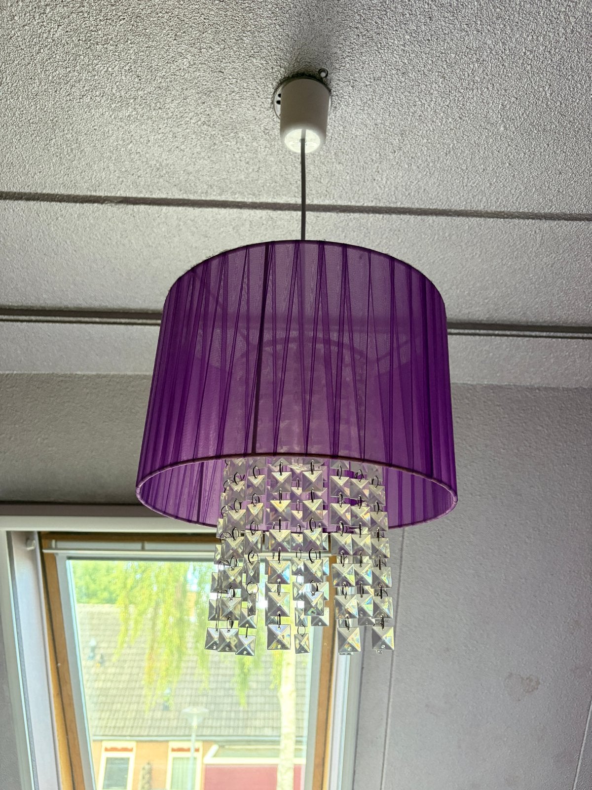 Paarse hanglamp met kristallen, Ophalen, Gebruikt, Textiel
