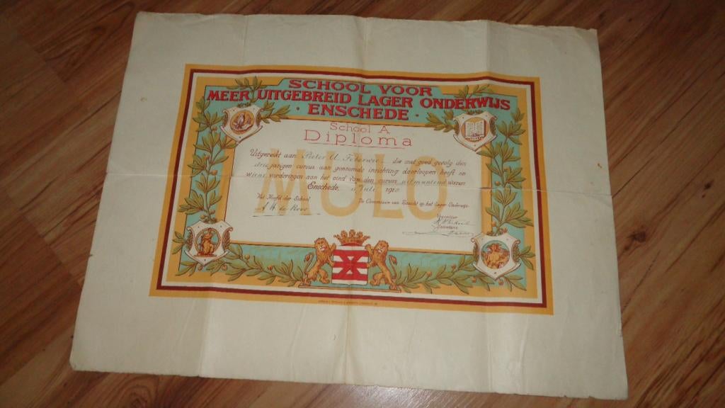 1918 Diploma MULO Enschede Twente, Antiek en Kunst, Curiosa en Brocante, Verzenden