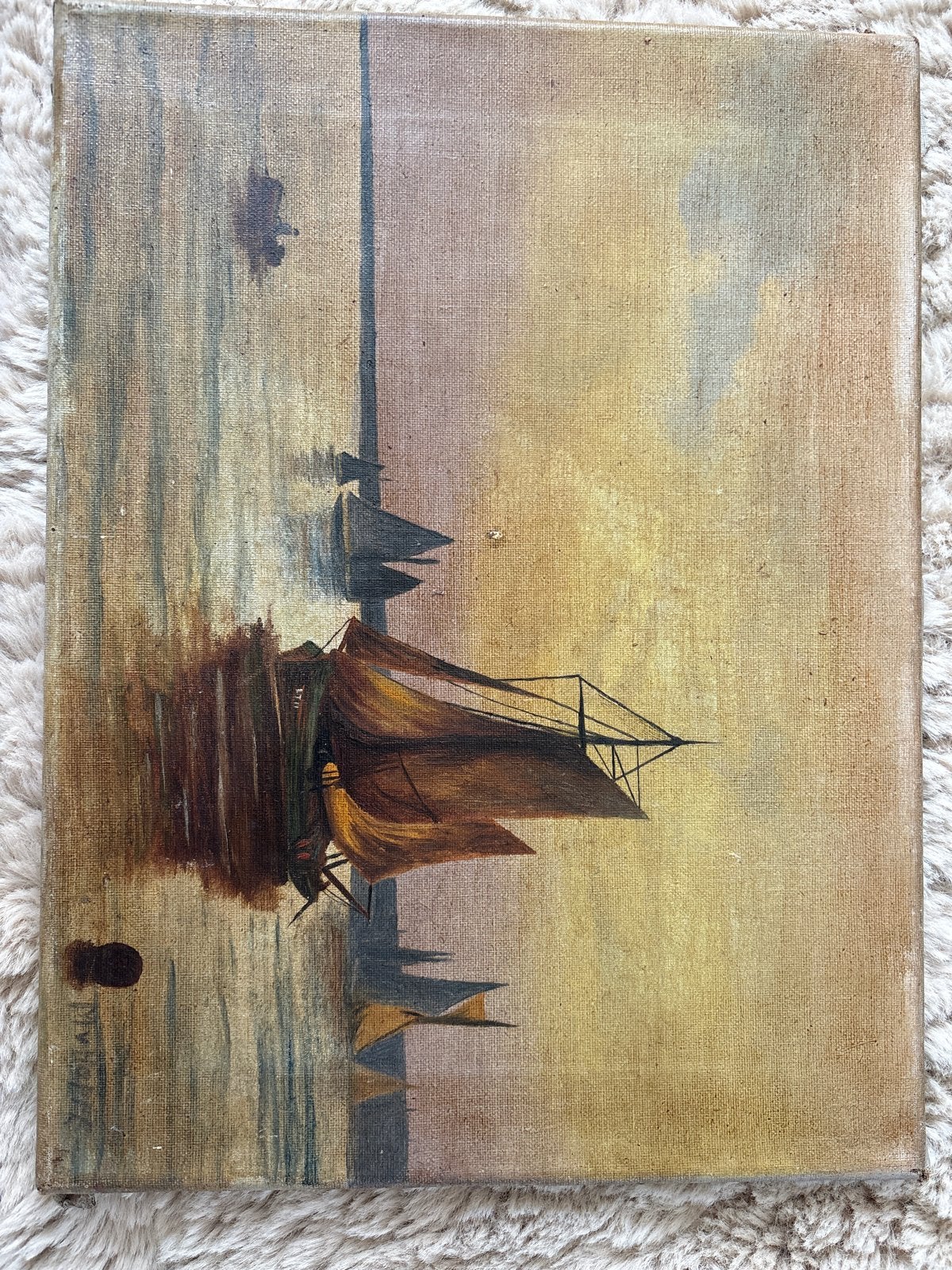 Oud schilderij vissersboot, gesigneerd M v Hoffe of Hoppe, Antiek en Kunst, Ophalen, Maritiem / water, Doek, Gesigneerd