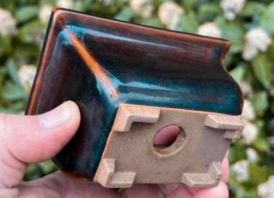 Bonsai schaal bruin tinten geglazuurd Japans 10,5x8x6, Ophalen of Verzenden, Zo goed als nieuw, Aardewerk, Rechthoekig
