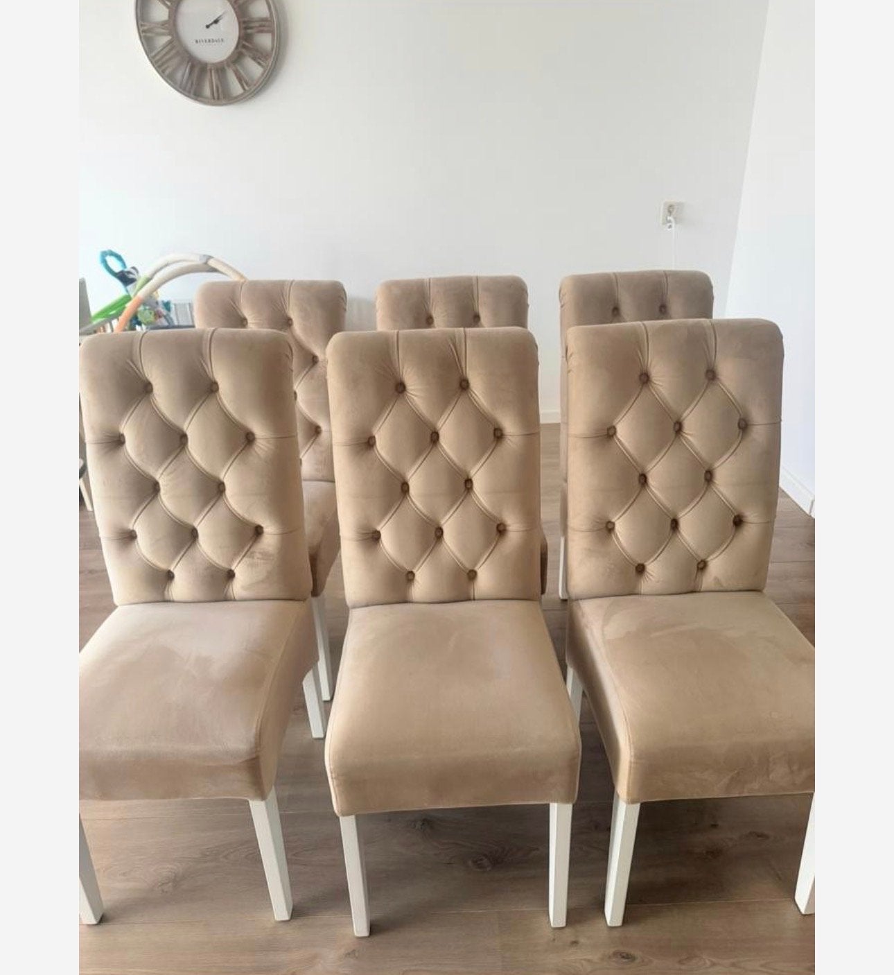 Set van 6 beige gestoffeerde eetkamerstoelen, Ophalen, Gebruikt, Overige kleuren, Stof