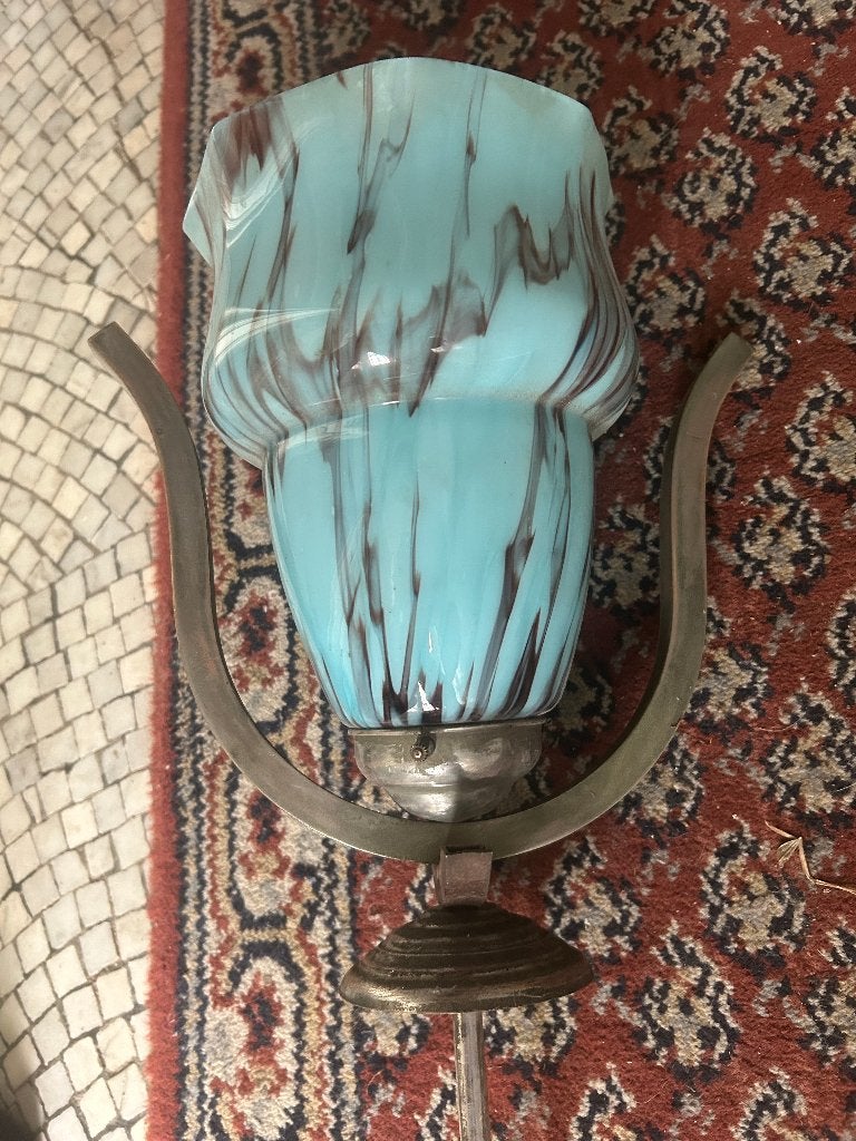 Art Deco hanglamp, blauw gemarmerd jaren '30, Antiek en Kunst, Ophalen