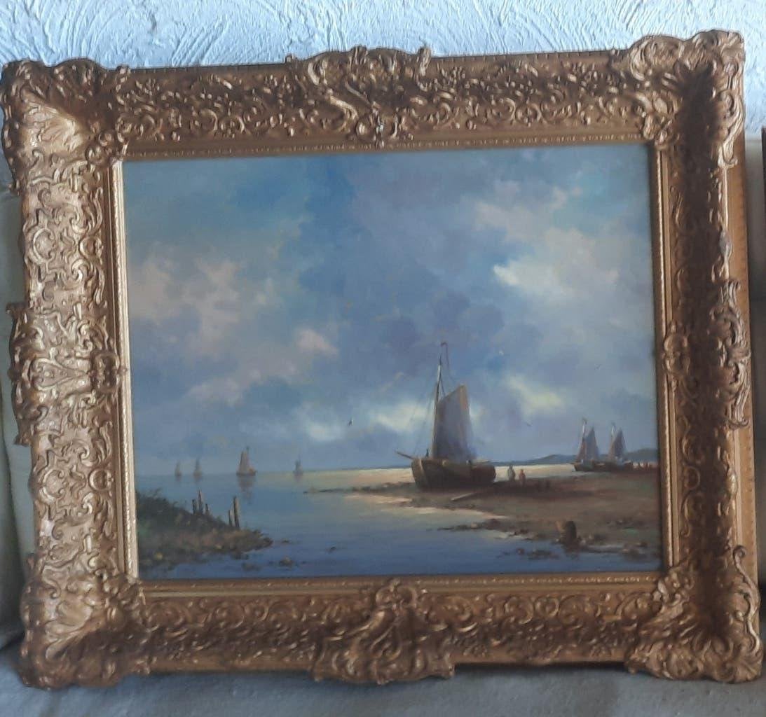 Twee klassieke Hollandse schilderijen met lijst, Ophalen, Maritiem / water, Doek, Klassiek