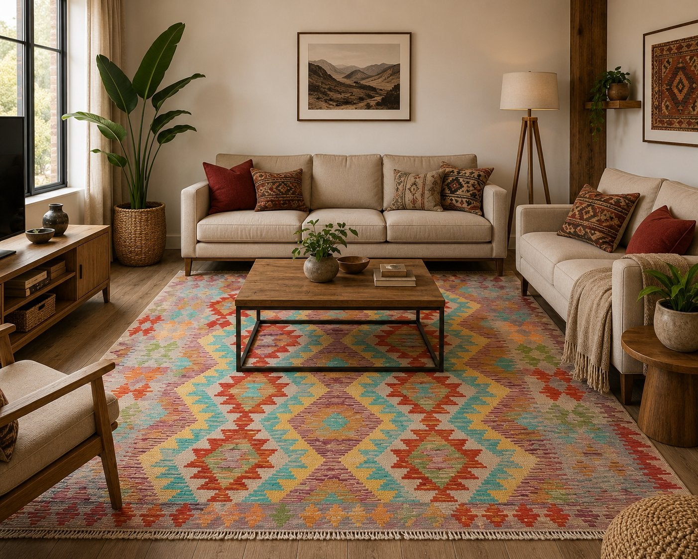 Handgeweven Traditionele Kelim Vloerkleed Wol Tapijt 196x153, 150 tot 200 cm, Nieuw, Ophalen of Verzenden, ....
