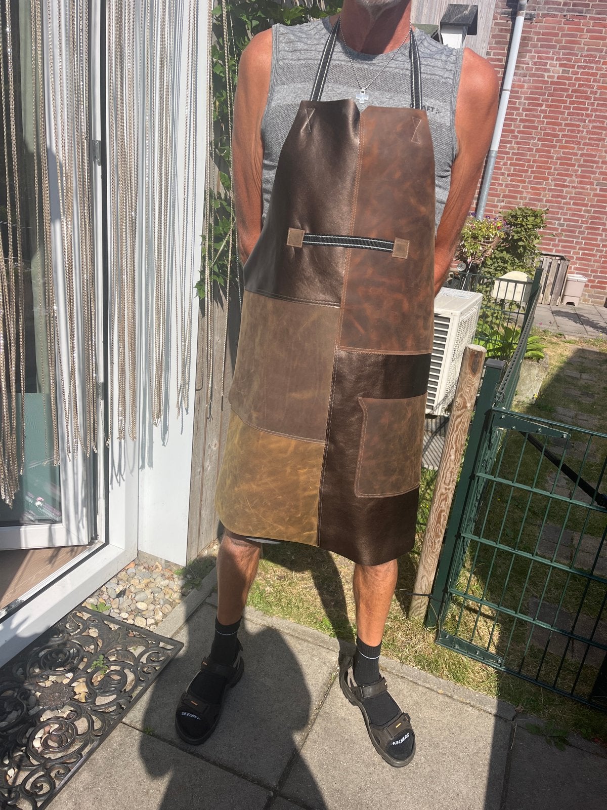 Uniek handgemaakt leren schort - Bruin patchwork design, Ophalen, Nieuw