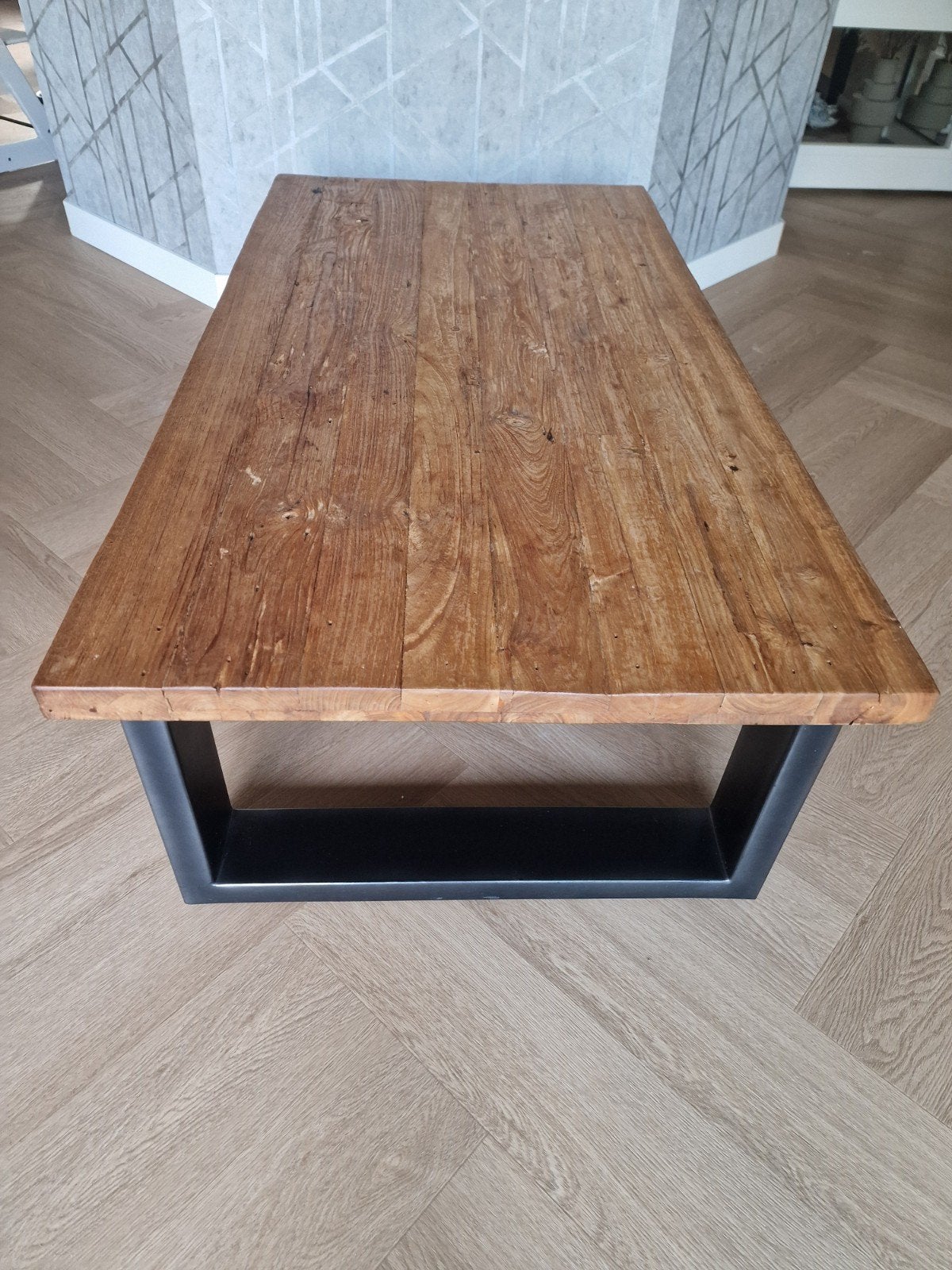 Salontafel pronto teak hout met stalen poten 135*75 Romario, Huis en Inrichting, Ophalen, 100 tot 150 cm, Eikenhout, 50 tot 100 cm