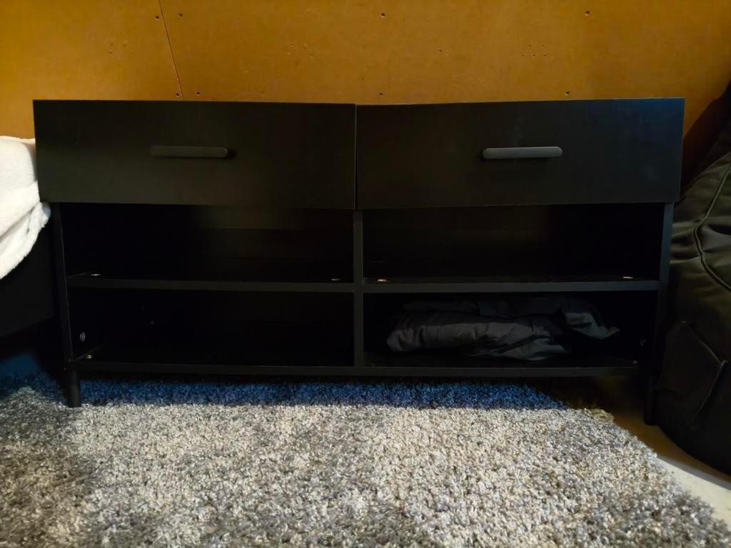 Zwarte schoenenkast met 2 lades en open vakken, Ophalen of Verzenden, Gebruikt, Modern