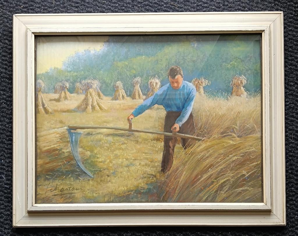 1930 - Landschap met maaier en korenschoven - Gesigneerd, Antiek en Kunst, Kunst | Schilderijen | Klassiek, Ophalen of Verzenden