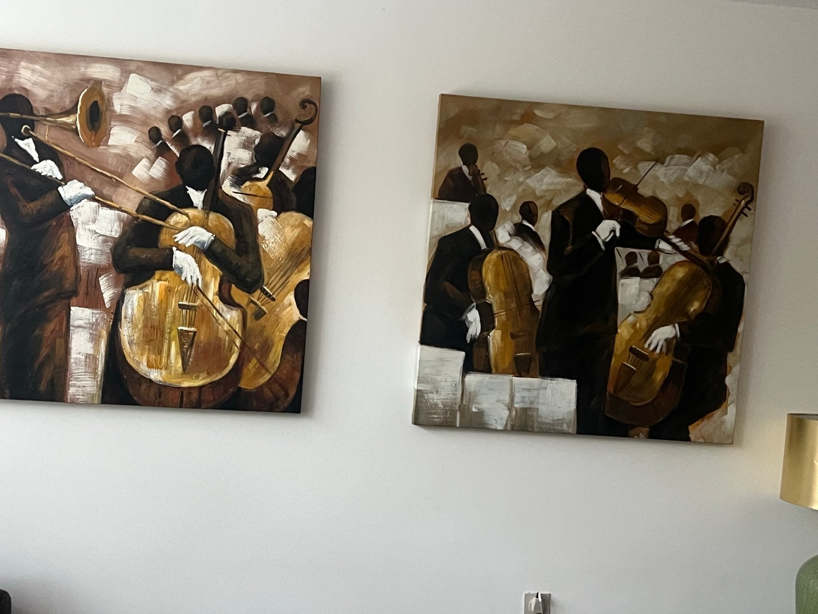 Set van 2 schilderijen: Jazzband met contrabassen en trombon, Antiek en Kunst, Portret of Personen, Ophalen of Verzenden, Handgeschilderd