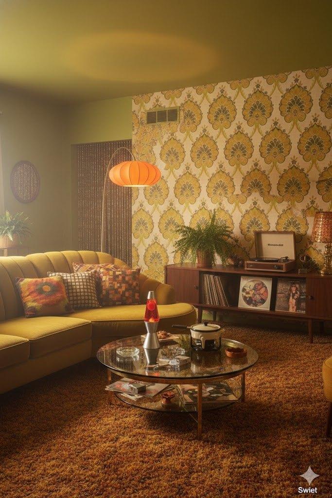 7037 groen geel barok vintage behang 70s jaren 70 swiet, Verzenden, Geel