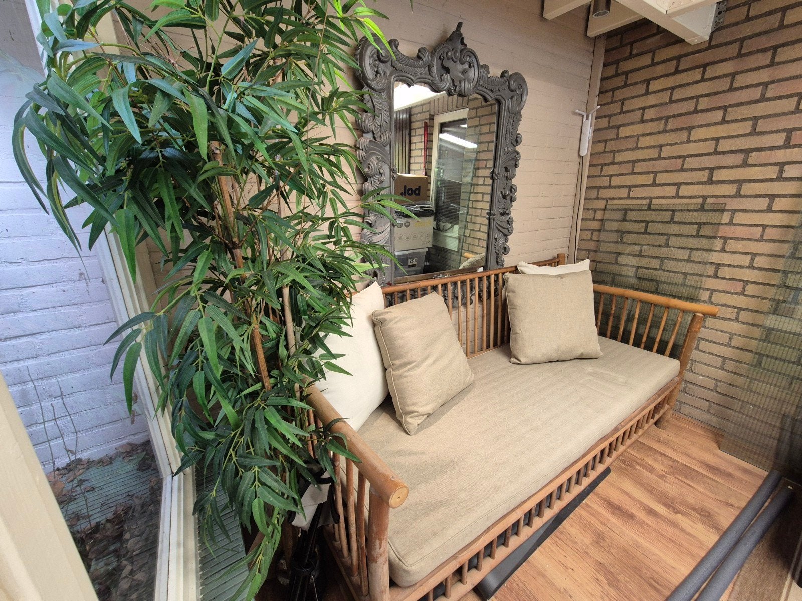 Bamboe loungebank met Kussens - Perfect voor Binnen/Buiten, Tuin en Terras, Ophalen, Gebruikt, Rotan