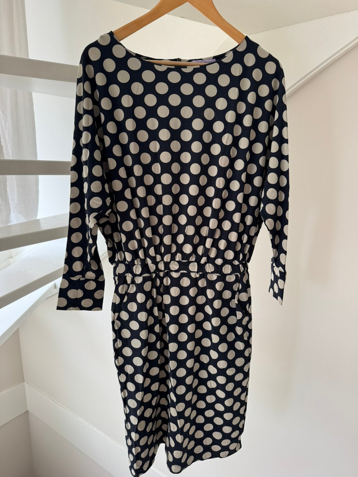 Ladress polkadot blauw creme XS zgan, Blauw, Ophalen of Verzenden, Zo goed als nieuw, Knielengte