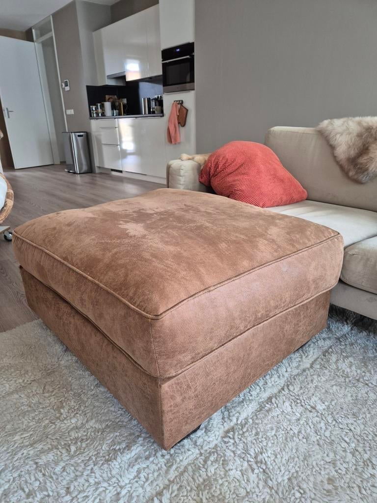 Cognac leder suede poef hocker, Ophalen, Vierkant