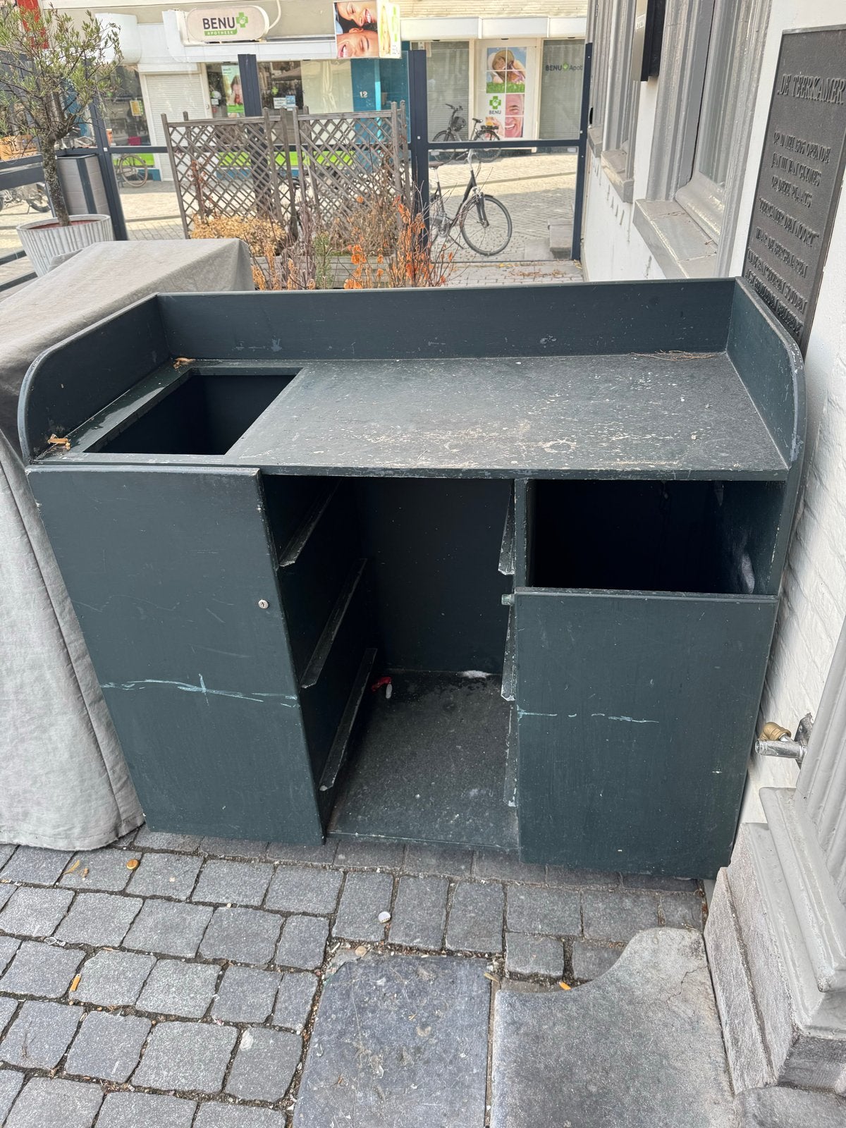 Terraskar met wielen, bestekbak, prullenbak en lades, Ophalen, Gebruikt, Rechthoekig, Hout