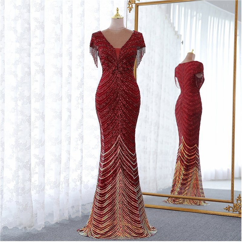 Rode lange mermaid jurk korte mouw gala avondjurk glitter, Galajurk, Verzenden, Maat 42/44 (L), Nieuw