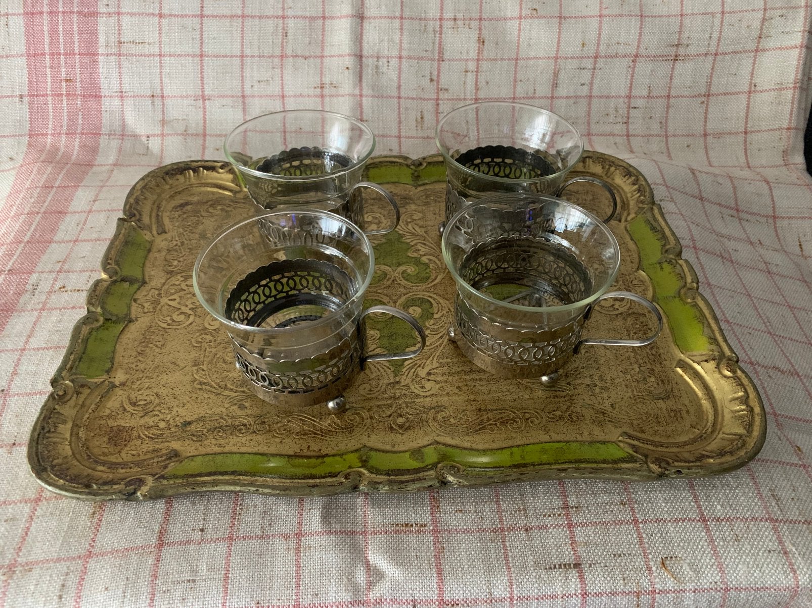 4 Theeglas houders verzilverd met hittebestendige glas., Ophalen of Verzenden