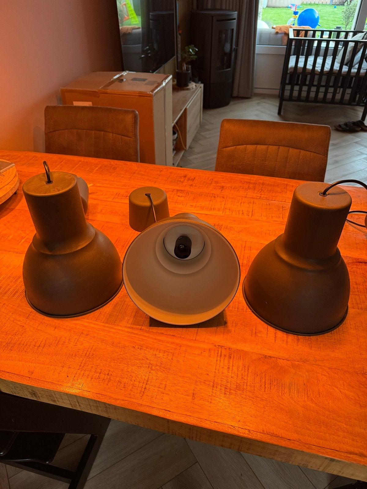 Set van 3 industriële hanglampen, donkerbruin - ikea hektar, Huis en Inrichting, Lampen | Hanglampen, Ophalen of Verzenden, Gebruikt
