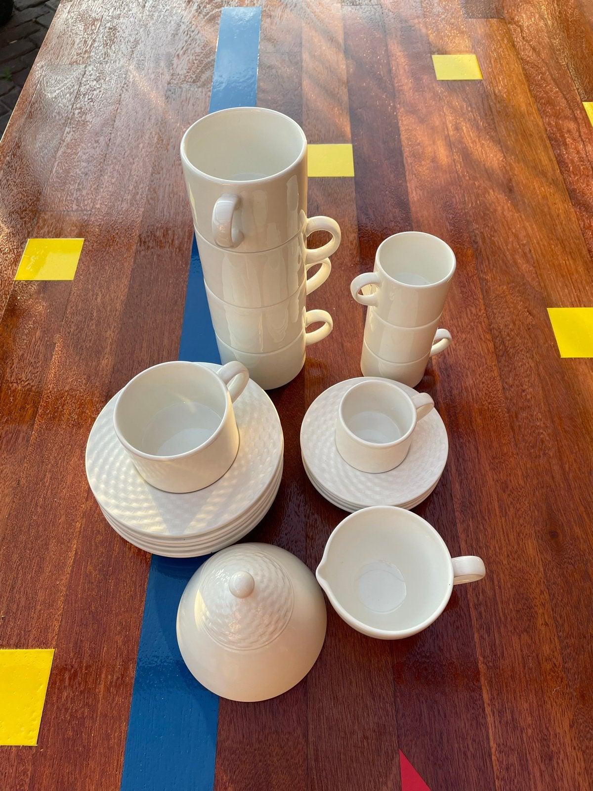 Hema Habitat koffie kopjes, suikerpotje en melkkannetje, Huis en Inrichting, Hema, Gebruikt, Keramiek, Ophalen of Verzenden