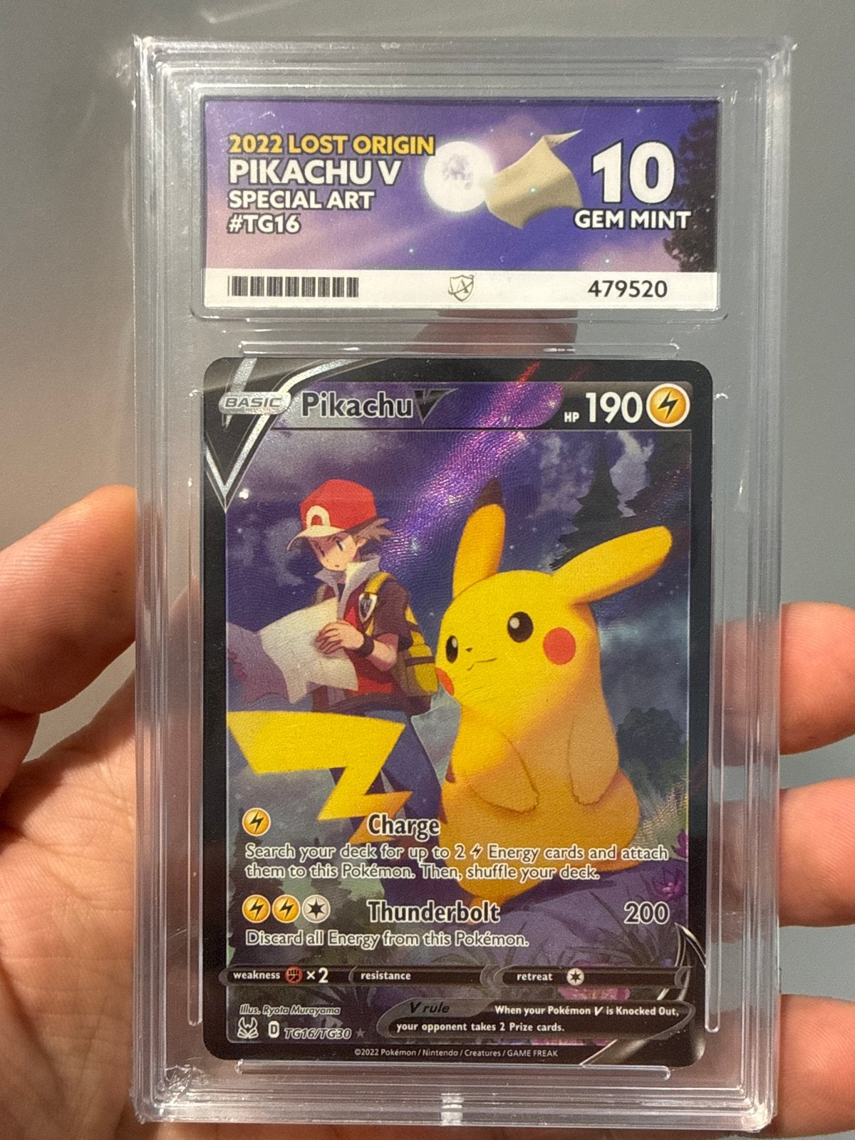 Pikachu V Lost Origin TG16 ACE 10 Graded Pokémon Kaart, Ophalen of Verzenden, Zo goed als nieuw, Losse kaart, Foil