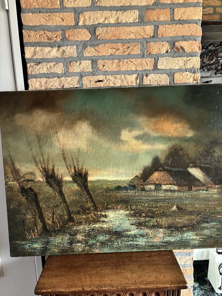 Sfeervol landschap in olieverf/acryl, Antiek en Kunst, Kunst | Schilderijen | Klassiek, Doek, Expressionistisch, Landschap, Olieverf