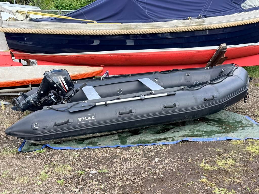 Rubberboot BB Line zwart + Mercury 8PK buitenboord motor, Watersport en Boten, Rubberboten, Ophalen, Aluminium, Gebruikt, Benzine