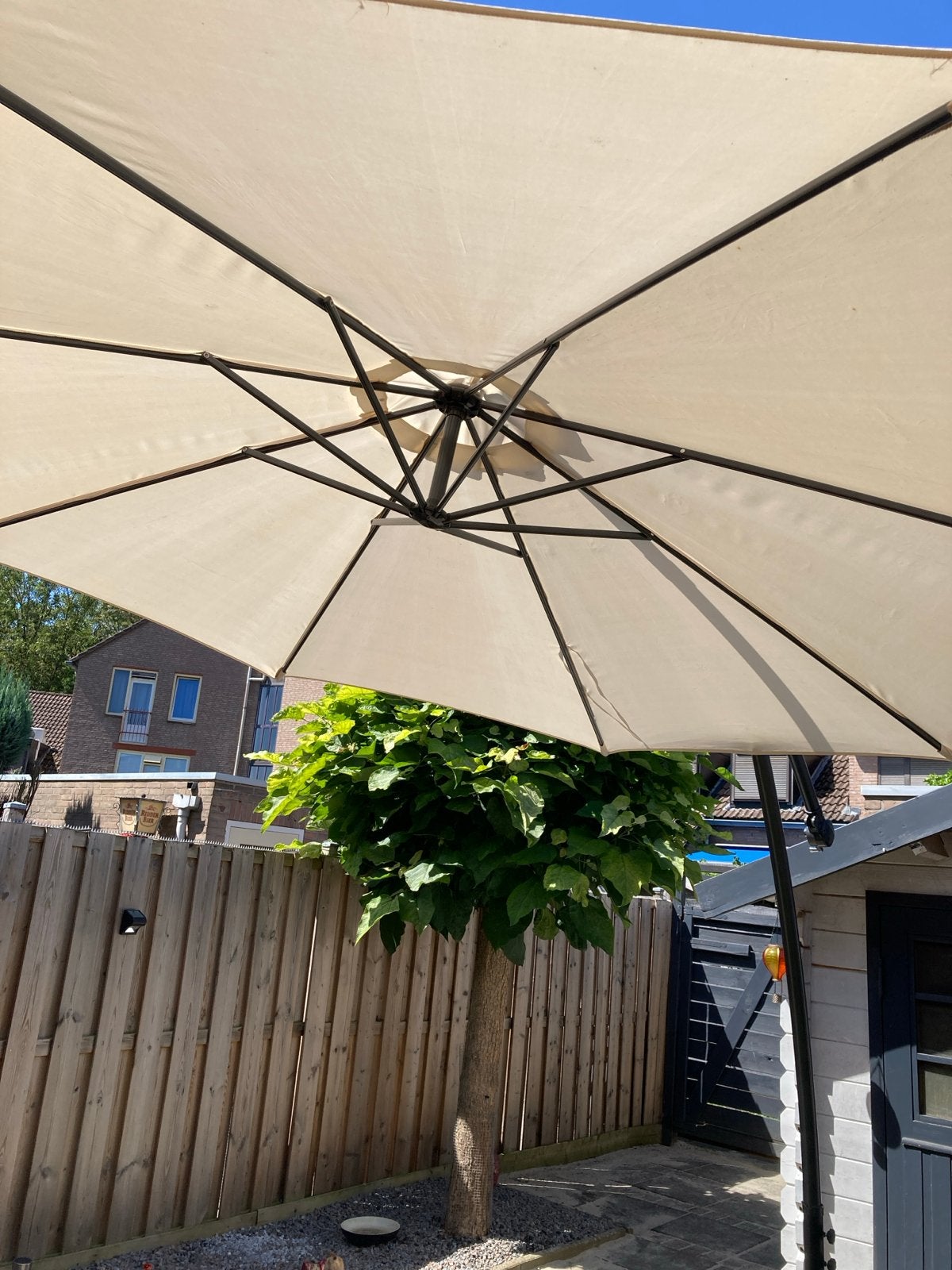 Zweefparasol 3x3 meter ecru - Zo goed als nieuw, Ophalen, Zo goed als nieuw, 3 tot 4 meter, Zweefparasol