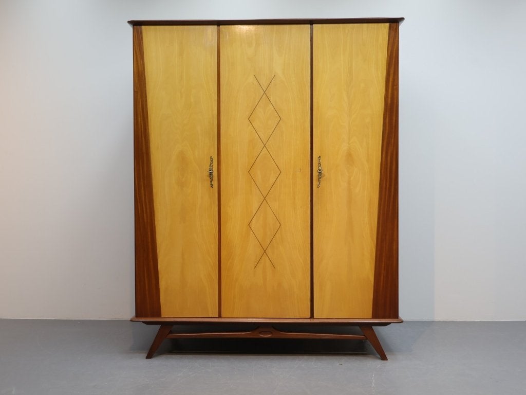Vintage kledingkast 3 deurs duotone teak, Ophalen, Met deur(en), Gebruikt, 100 tot 150 cm