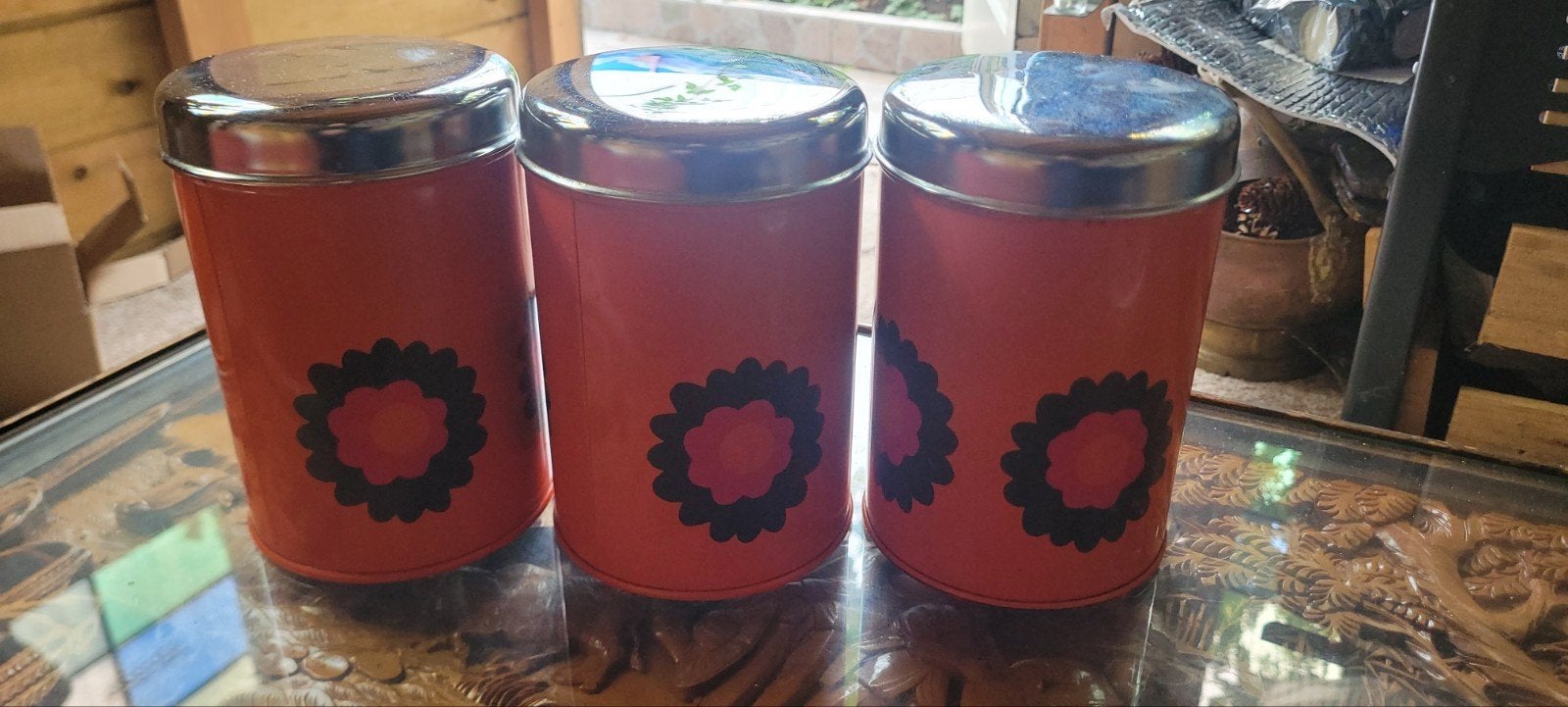 Set van 3 vintage oranje voorraadblikken met bloem, Ophalen of Verzenden