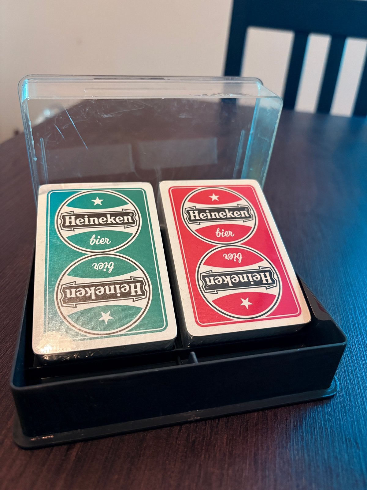 Vintage Heineken speelkaartenset rood en groen, jaren 70/80, Verzamelen, Speelkaarten, Jokers en Kwartetten, Ophalen of Verzenden