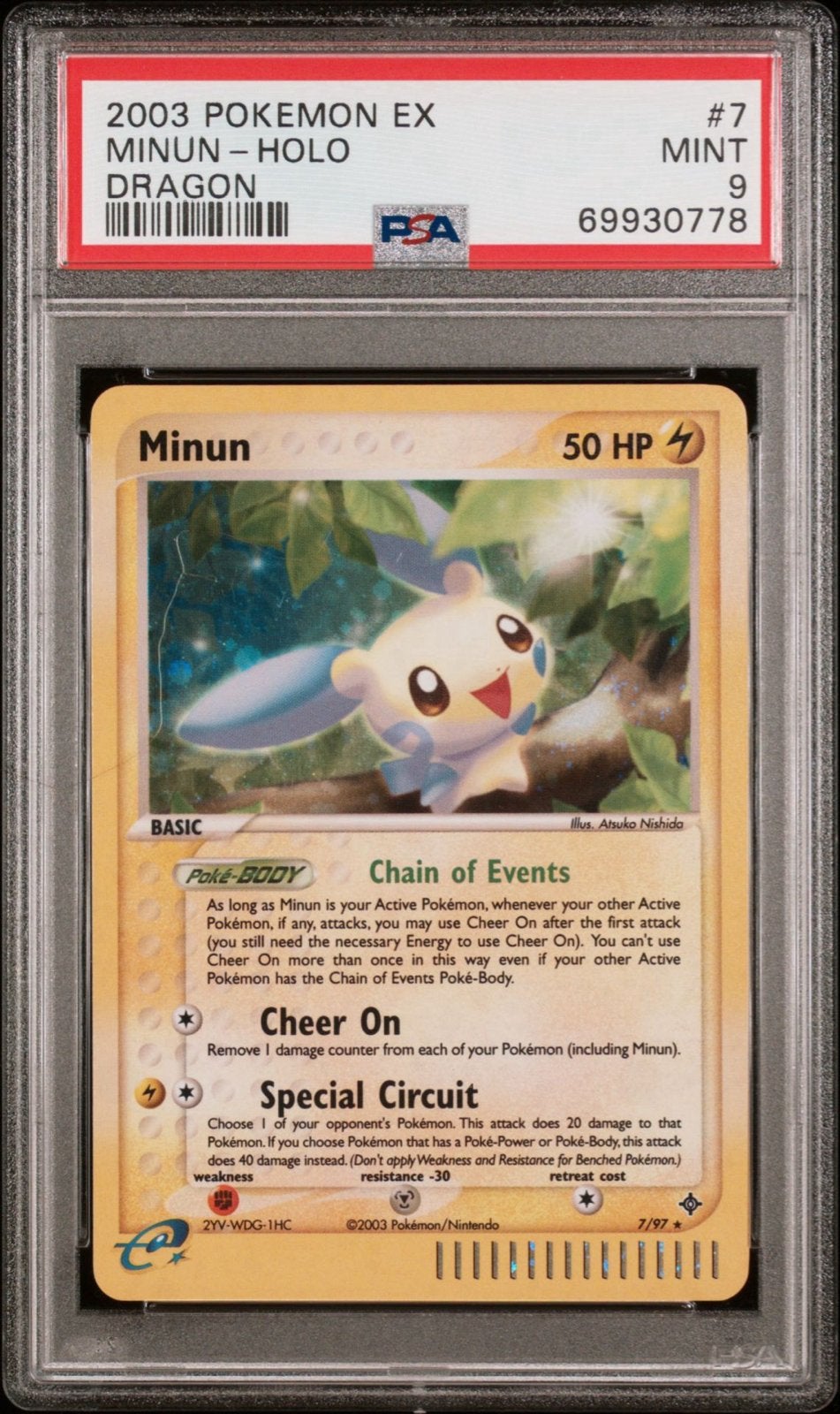 Minun Holo 2003 Pokemon EX Dragon #7 PSA 9 MINT, Verzenden, Zo goed als nieuw, Losse kaart, Foil